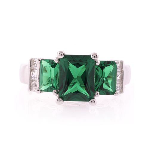 3 Stone Emerald Silver Ring