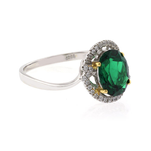 Beautiful Oval Cut Emerald Gold Prong Micro Pave Silver Ring