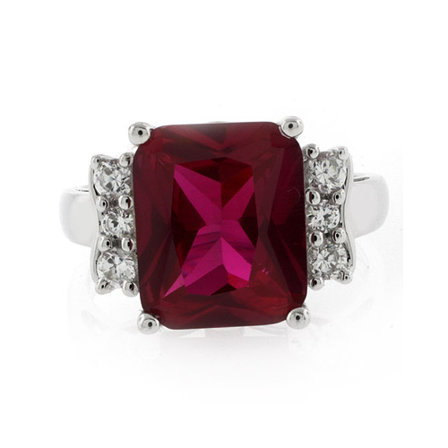Sterling Silver Emerald Cut Big Red Ruby Ring