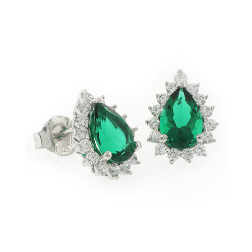 Emerald Pear Cut Framed Silver Earrings