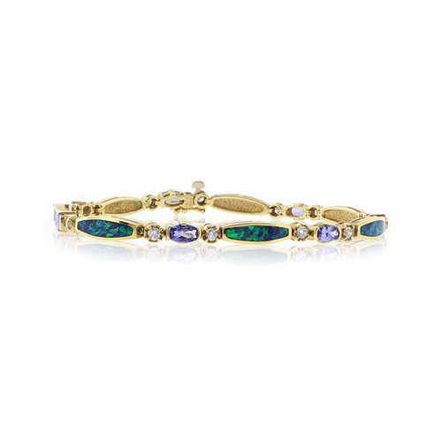 Genuine Tanzanite and Australian Opal Solid Gold Bracelet
