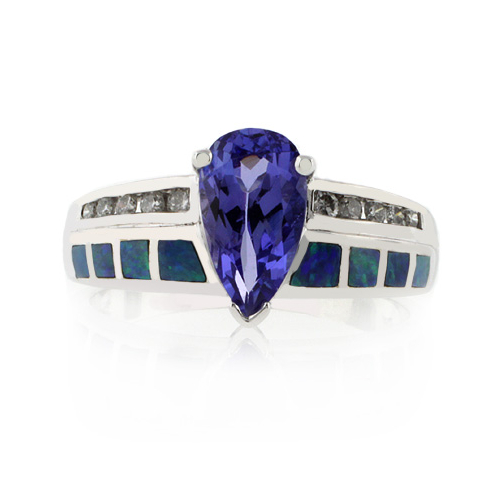 Solid 14k White Gold Australian Opal Ring with Tanzanite