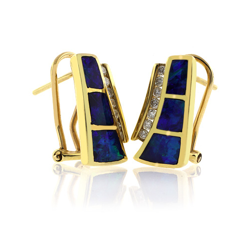Omega Back 14K Gold Genuine Opal Diamond Earrings