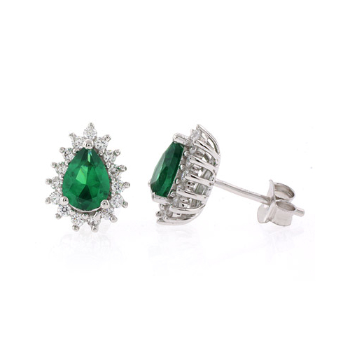 Pear Cut Emerald Silver Post Back Earrings