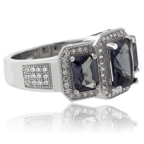 3 Emerald Cut Color Change Alexandrite Silver Ring