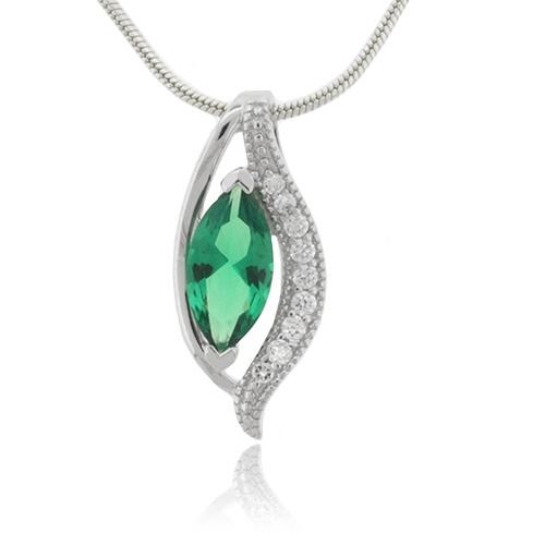 Marquise Cut Emerald Charm MicroPave Sterling Silver Pendant