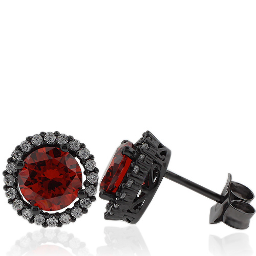 Amazing Round Cut Fire Opal Earrings with Simulated Diamonds and Oxidized Silver