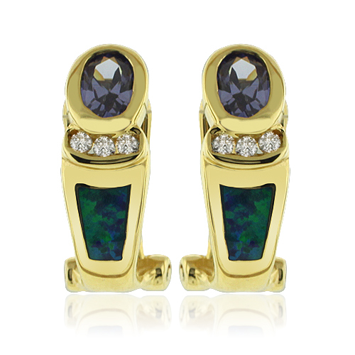Gold Plated Earrings with Australian Opal and Tanzanite Gemstone Oval Cut.