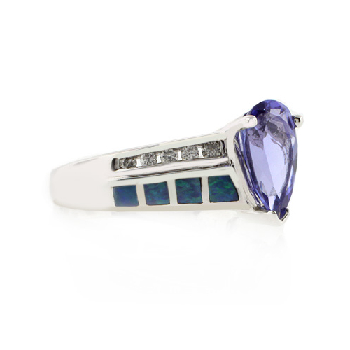 Solid 14k White Gold Australian Opal Ring with Tanzanite