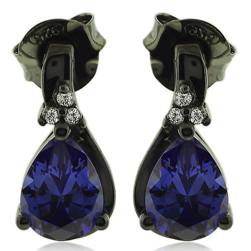 Drop Cut Tanzanite Earrings with Zirconia In Black Silver.