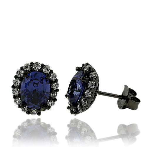 Oval Cut Tanzanite Earrings with Zirconia In Black Silver.