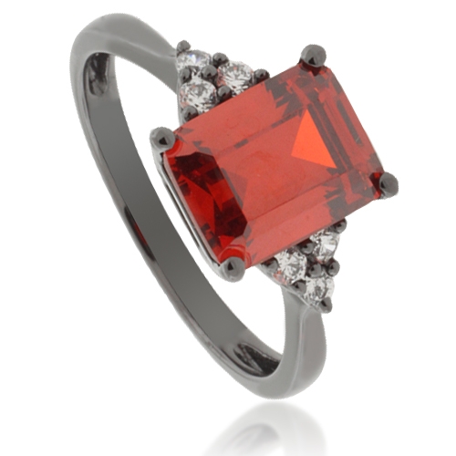 Emerald-Cut Fire Opal Oxidized Silver Ring