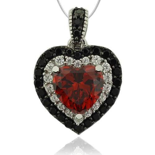 Heart Shape Sterling Silver Pendant With Fire Opal And Simulated Diamonds