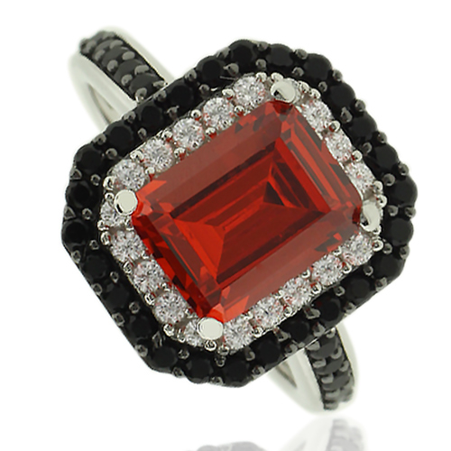 Emerald Cut Fire Opal Ring With Simulated Diamonds