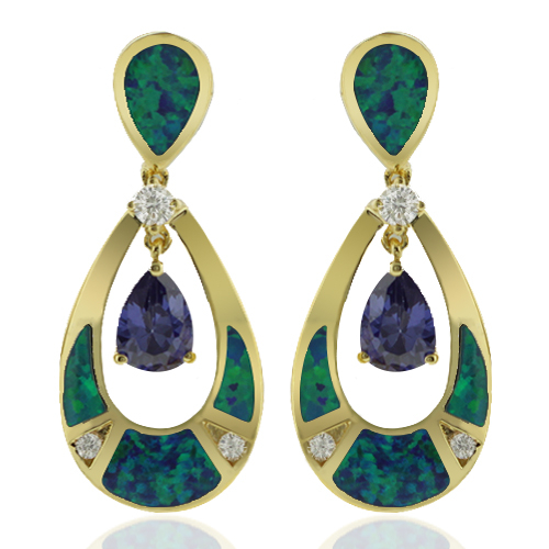 Gold Plated Earrings with Australian Opal and Tanzanite in Drop Cut