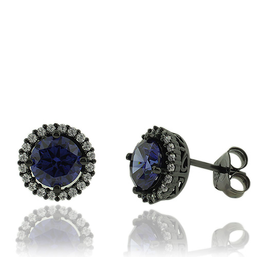 Round Cut Tanzanite Earrings with Zirconia In Black Silver.