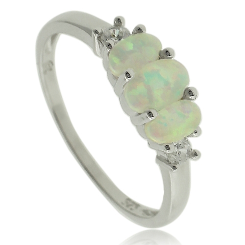 3 stone Sterling Silver With White Opal Ring and Simulated Diamonds
