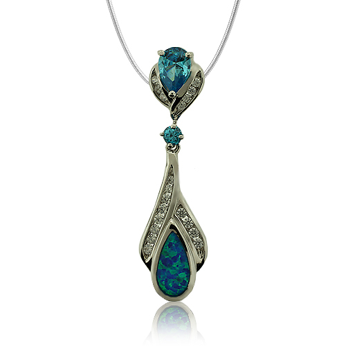 Wonderful Sterling Silver and Drop Cut Topaz Pendant With Simulated Diamond