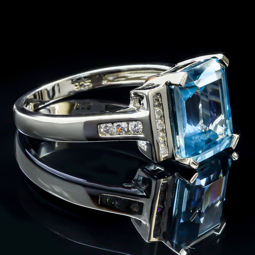 Emerald Cut High Quality Aquamarine Silver Ring