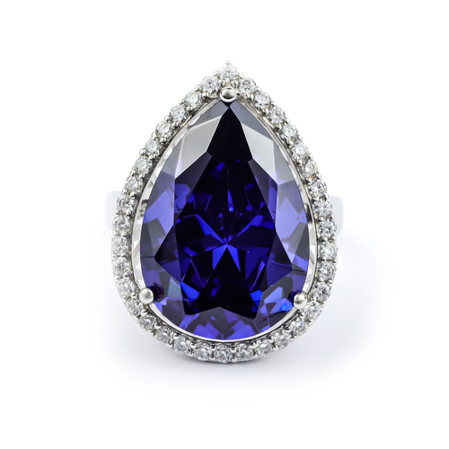Big Tanzanite Sterling Silver Ring Pear Cut