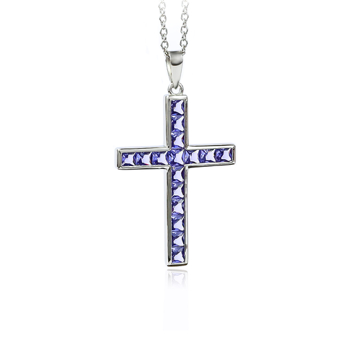 Sterling Silver Cross With Tanzanite With Silver Chain 40 mm x 24 mm