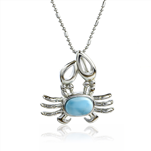 Genuine Larimar Stone Silver Crab Pendant
