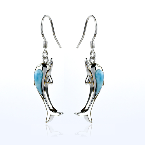 Genuine Larimar Stone Silver Dolphin Earrings