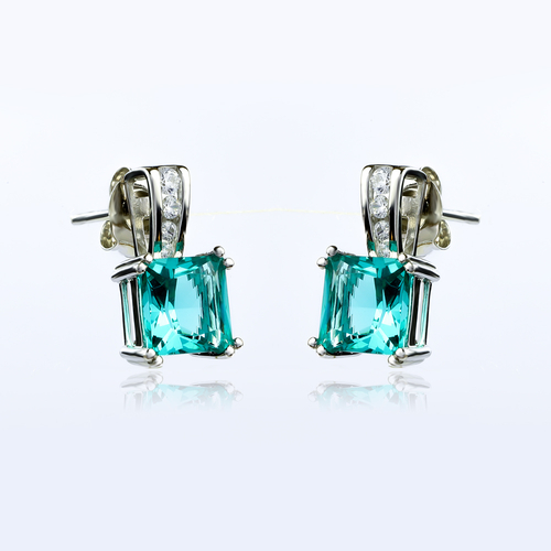 Silver Princess Cut Earrings with Paraiba