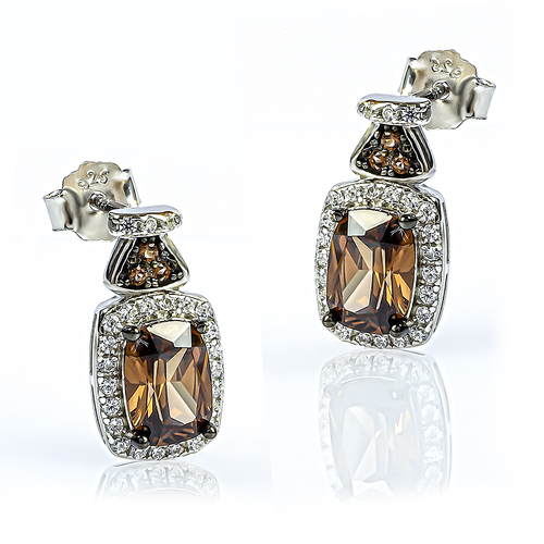 Silver Emerald Cut Chocolate Diamond Set Earrings Pendant
