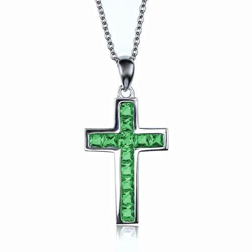 Sterling Silver Cross With Round Cut Emerald