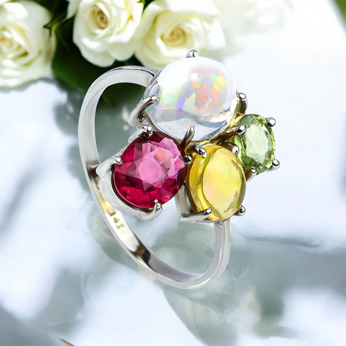Genuine Mexican Fire Jelly Opal, Tsavorite and Rubelite Gold Ring