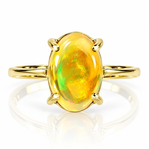 Genuine Mexican Opal Cabuchon 14K Solid Gold Ring