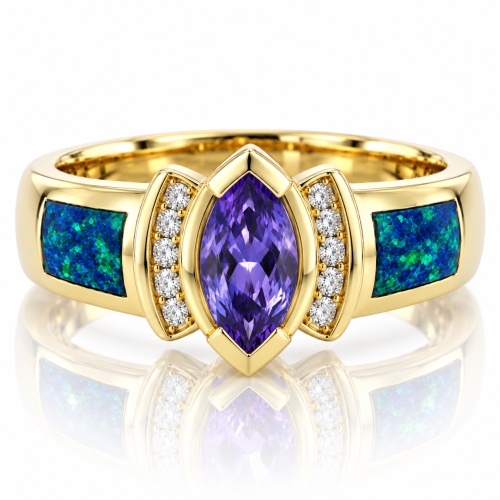 Blue Opal with Tanzanite Yellow Gold Ring in 14K
