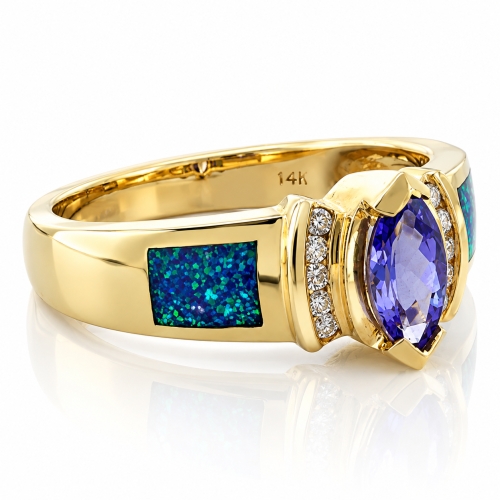 Blue Opal with Tanzanite Yellow Gold Ring in 14K