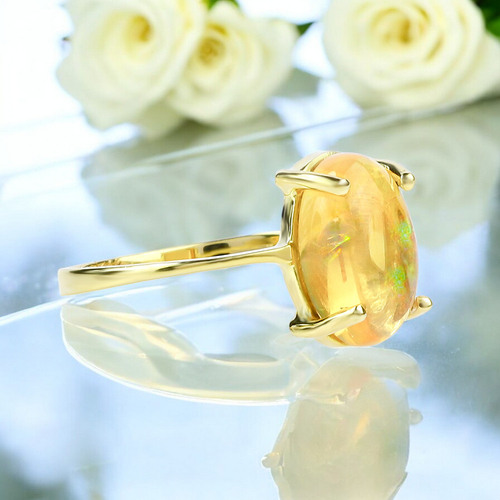 Genuine Mexican Opal Cabuchon 14K Solid Gold Ring