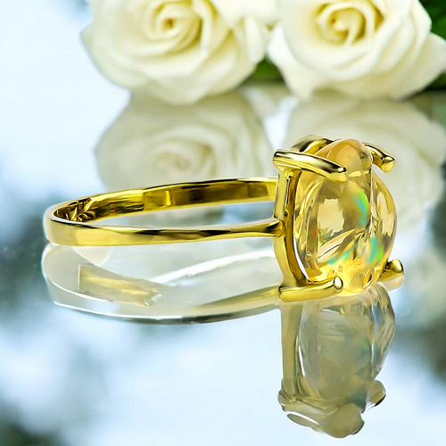 Genuine Mexican Opal Natural Polished Cabuchon 14K Solid Gold Ring
