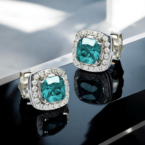 Princess Cut Aquamarine Halo Sterling Silver Earrings