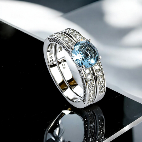 Round Aquamarine and Diamond Halo Micropavé Ring