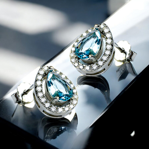 Pear Cut Aquamarine Halo Sterling Silver Earrings