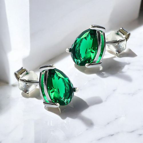 Emerald Pear Cut Stud Silver Earrings