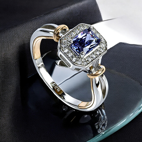 Emerald Cut 6 mm x 4 mm Tanzanite Silver Ring with Yellow Gold