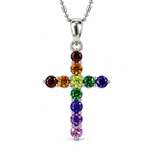 Mixed Gemstones Sterling Silver Cross Pendant 27 mm x 15 mm