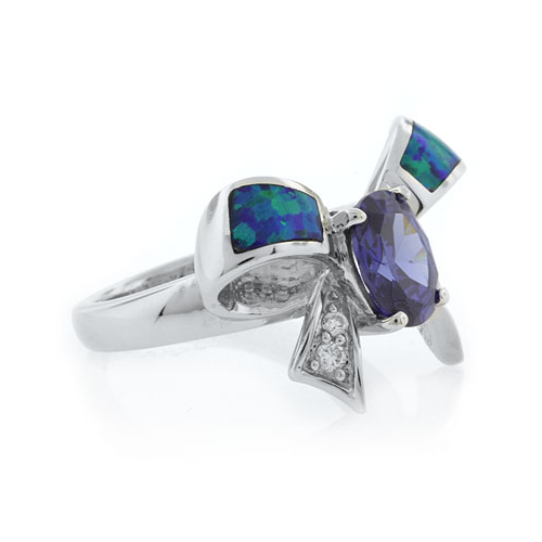 Bow Shape Australian Opal Ring with Tanzanite