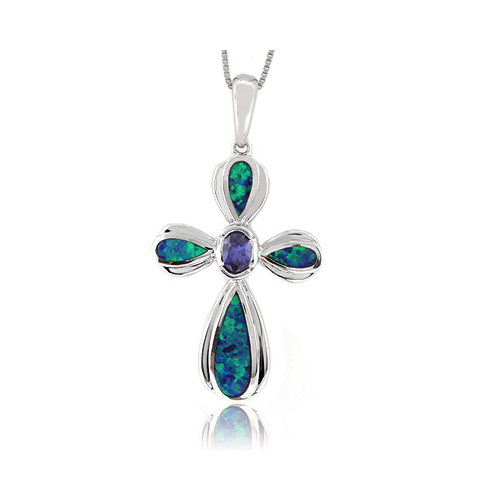 Beautiful Australian Opal Cross Pendant with Tanzanite