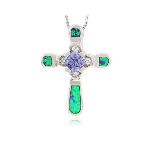 Exquisite Australian Opal Cross Pendant with Tanzanite