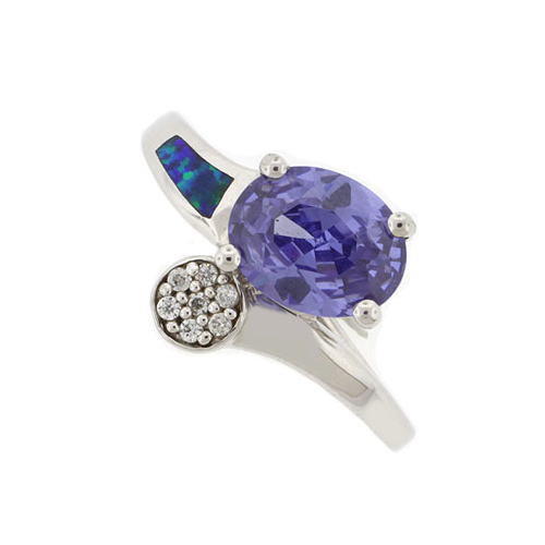Australian Opal Silver Ring with Oval Tanzanite