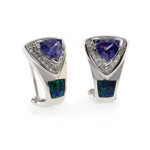 Omega Back Australian Opal with Tanzanite Earrings
