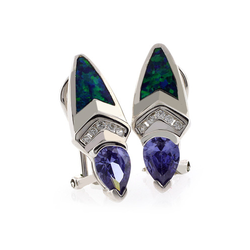 Omega Clip Australian Opal with Tanzanite Earrings