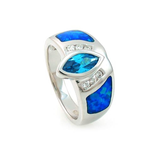Australian Opal Ring with Marquise Cut Blue Topaz
