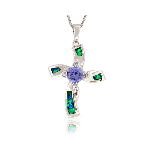 Ultra-blue Australian Opal Cross Pendant with Tanzanite